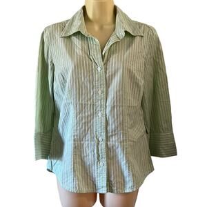 Talbots Green & White Striped Blouse Woman Size Small Button Up 3/4 Sleeves